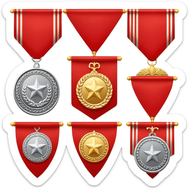 Icon for Collecting Orders, Medals & Badges: a variety of medals, orders and badges displayed on a large red pennant with fringed edges. The icon should convey the prestige and historical value of these collectibles. Transparent background. sticker