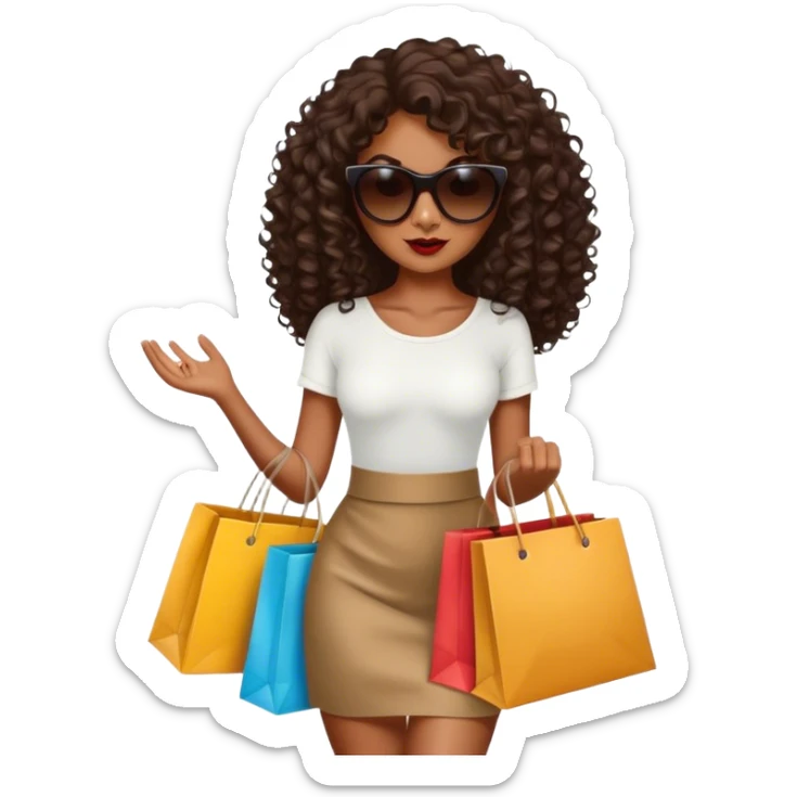 Rich dark brown girl with dark brown mid-length curly hair expensive retail shopping bags and sunglasses sticker