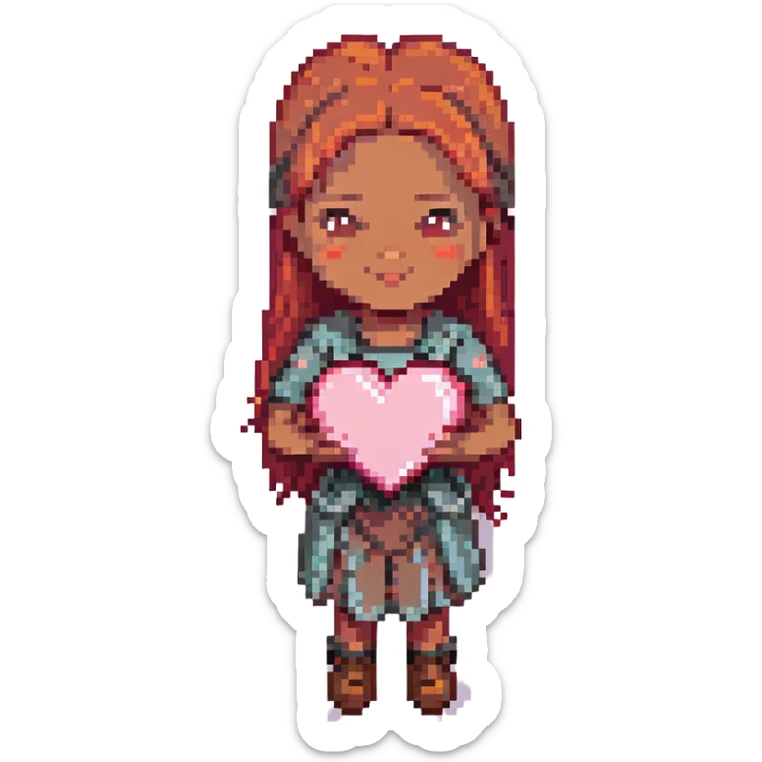 pixel art of a pink heart with a girl character with red hair, brown eyes, brown skin integrated into the heart design sticker