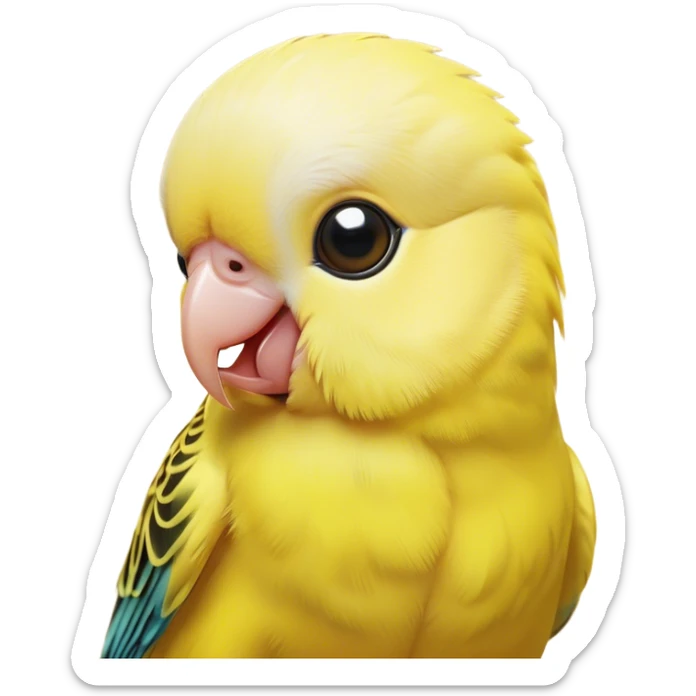 Cinematic Cute Yellow Budgie Portrait Emoji, Head tilted playfully and inquisitively, featuring a radiant yellow feathered fur with a natural sheen, round, sparkling dark eyes filled with curiosity, Simplified yet irresistibly adorable features, highly detailed, glowing with a warm, friendly glow, high shine, affectionate and lively, stylized with a touch of whimsy, bright and endearing, soft glowing outline, capturing the essence of a mischievous yet loving budgie, so playful it feels like it could chirp out of the screen and into your arms! sticker