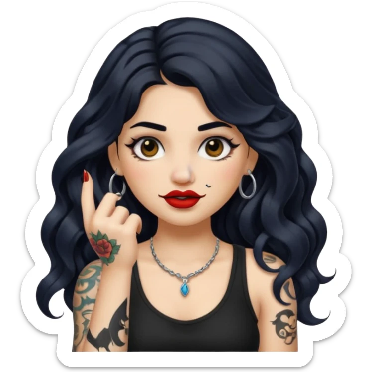 I want to create a female emoji with long black wavy hair and arm tattoo with her nose pierced and black lip stick sticker