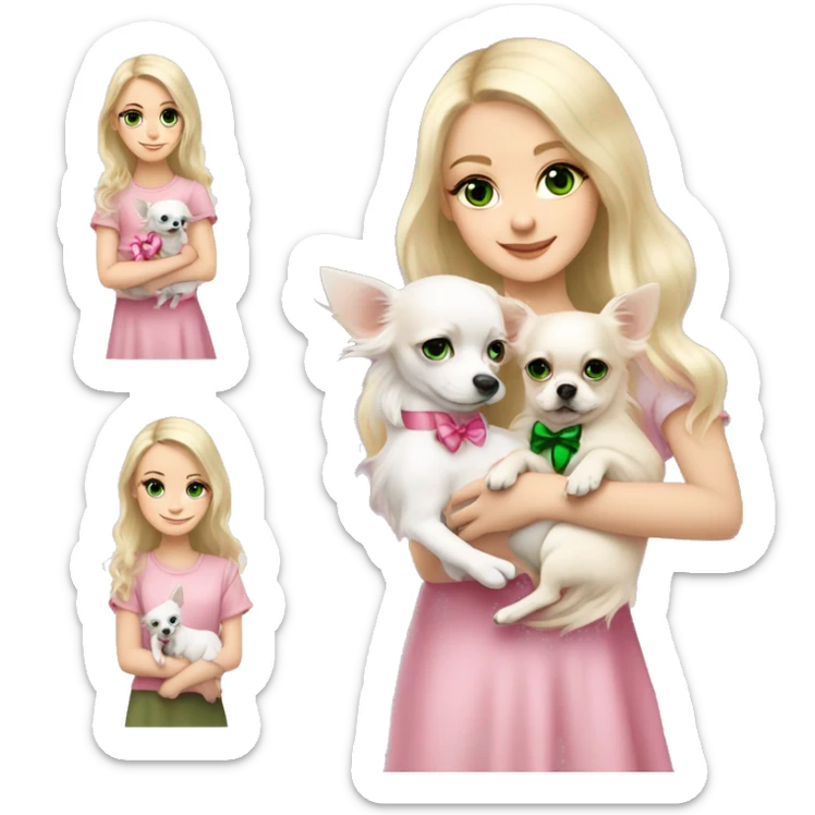 pale blond girl with wavy long platinum hair with green eyes holding a white chihuahua puppy that wearing a pink bow sticker