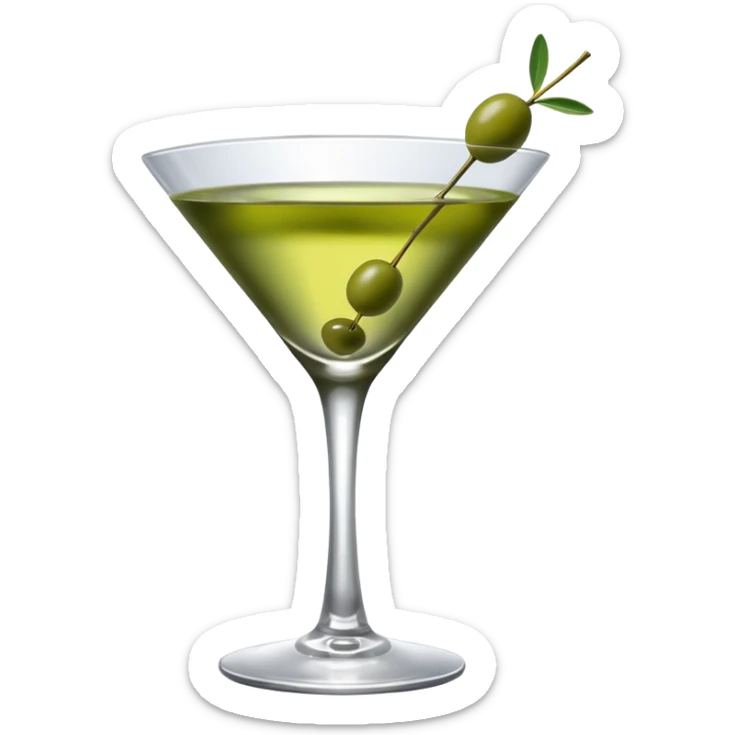martini glass with 3 olives. no straw, just 1 stick that the olives will be stuck on. olives should have the same size. no leaves at all. liquid should be more white/clear than green sticker