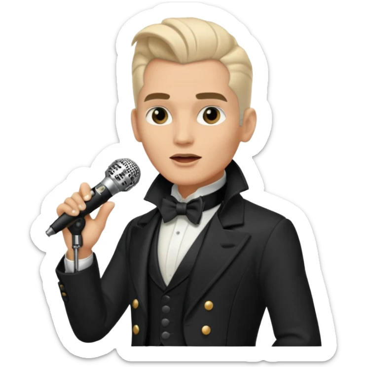 cinematic - in details ultra HD portrait of musician Falco - wearing black tailcoat and sings on a retro antique microphone sticker