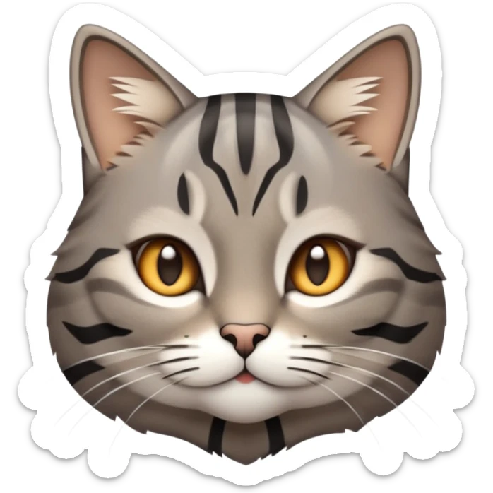 cinematic-cute-grey-and-black-brown-tabby-cat-portrait-emoji,-head-tilted-playfully-and-inquisitively,-sleek-grey-brown-fur-with-bold-black-tabby-stripes-and-a-distinctive-m-shaped-marking-on-the-forehead,-sparkling-amber-eyes,-simplified sticker