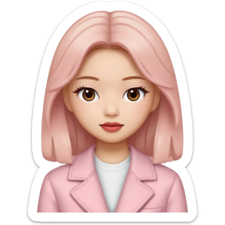 “Cartoon emoji of Jennie from BLACKPINK, heart-shaped face, almond upturned eyes, defined jawline, soft blush, chic expression sticker