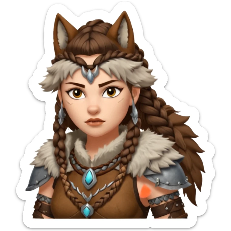 barbarian woman wolf rider portrait, head and shoulders only, fierce female warrior, fur-lined barbarian armor collar, wolf fur details, wild braided hair, intense eyes, tribal warrior vibe, fantasy style, 3D cartoon, mobile game icon style, clean background, no text, no watermark
 sticker