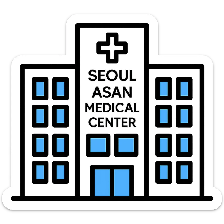 Seoul Asan Medical Center, minimal hospital building, blue windows, inspired by reference image sticker