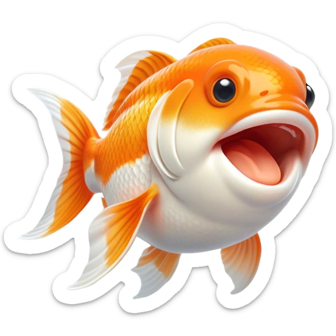 Cinematic Cute Yawning Orange and White Goldfish Portrait Emoji, Head tilted slightly with a dramatic, wide-open yawn, showcasing a smooth body with a balanced blend of orange and white, graceful fins slightly drooping, round golden eyes barely open in drowsy contentment, Simplified yet irresistibly adorable features, highly detailed, glowing with a soft, cozy glow, high shine, relaxed yet expressive, stylized with a touch of whimsy, bright and endearing, soft glowing outline, capturing the essence of a sleepy yet affectionate goldfish, so drowsy it feels like it could float out of the screen and curl up for a nap! sticker