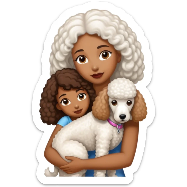 White standard poodle and long-Straight hair brown-skinned woman embrace sticker