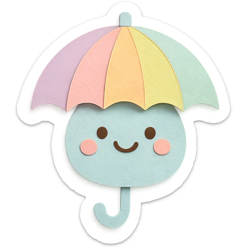 kawaii rainbow umbrella, smiling face, soft pastel palette, no arms or legs, full body, paper craft style sticker
