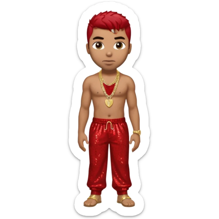 Ginuwine with red sequin baggy pants, shirtless with necklace, dark brown hair sticker