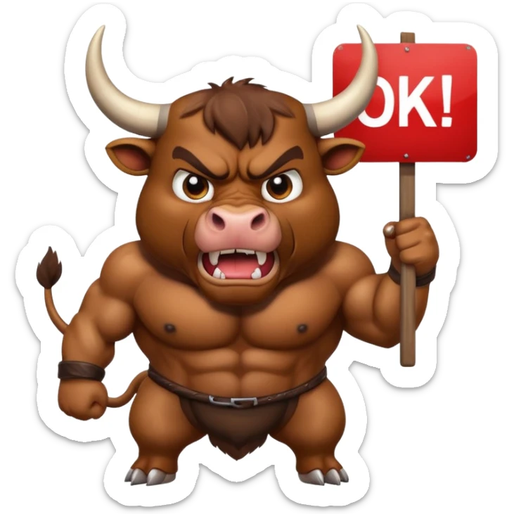 Angry powerful bull emoji holding a sign with the words OK in front of it sticker