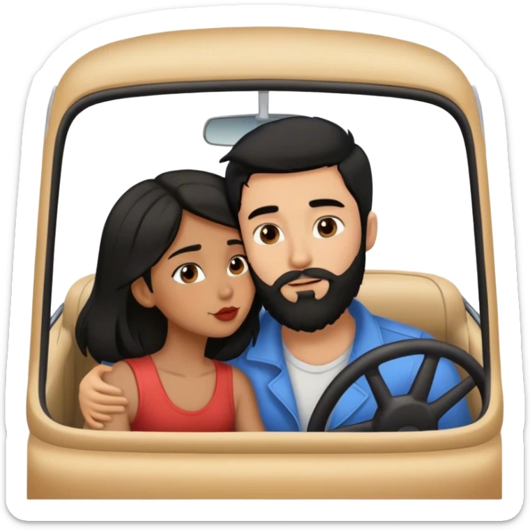 brown girl with black hair kissing boy with black  hair  and beard in  car sticker