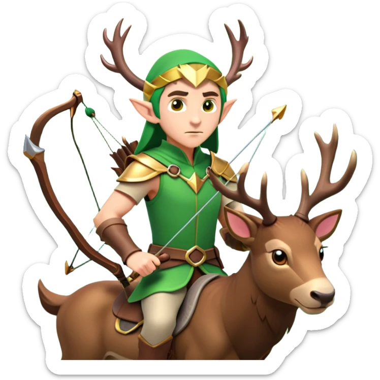 clash-of-clans-aesthetic-focused-elf-archer-portrait-emoji, rendered in a flat, vector-style with minimal shading and bold, simplified shapes, head tilted slightly forward with a determined, focused expression, riding a majestic stag whose luminous antlers glow with mystical energy, set against an ancient, enchanted forest backdrop. sticker