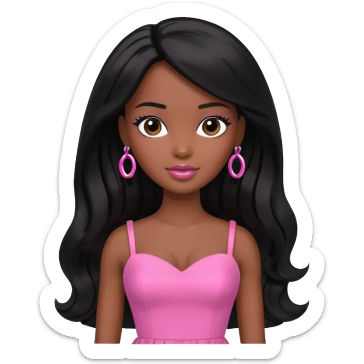 Darker skin Black barbie, long black  hair, pink dress sticker