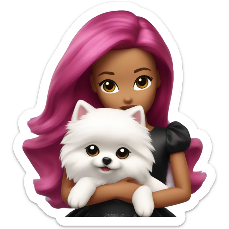 Barbie with burgundy color hair hugging white small Pomeranian with black ears close up sticker