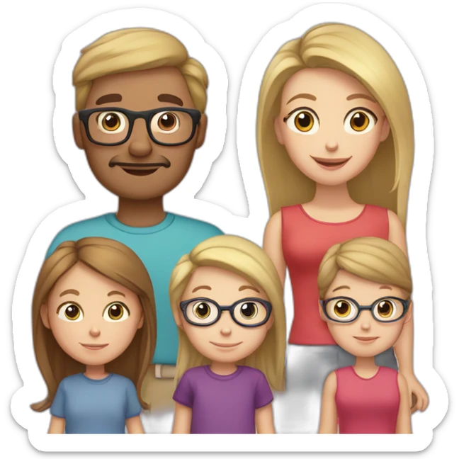 Family of 5 blonde mom, light brown hair dad with glasses, 8 year old blonde girl with glasses, 4year old light brown hair boy and 1 year old light brown hair girl sticker