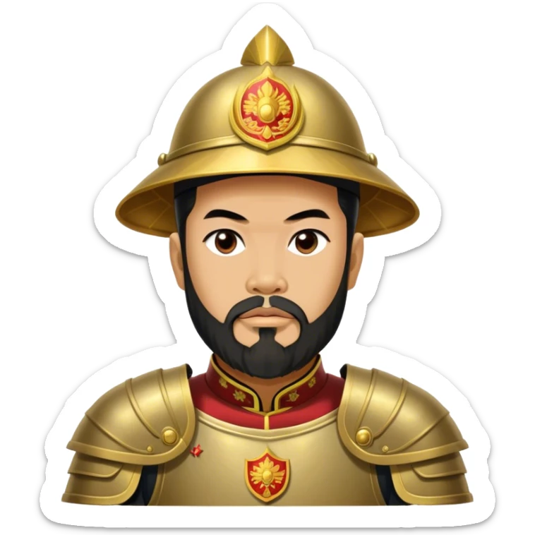 ​Cinematic Realistic Portrait of Trần Hưng Đạo, depicted as a revered Vietnamese general with his characteristic traditional Vietnamese beard and historic armor, his determined gaze illuminated by dramatic historical lighting that evokes his legendary martial spirit and leadership, sticker