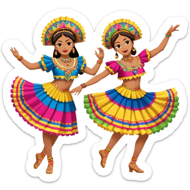 Cinematic Realistic scene of two dancers performing Cumbia, adorned in colorful traditional Colombian costumes with intricate details, captured in rhythmic motion with lively, festive lighting sticker
