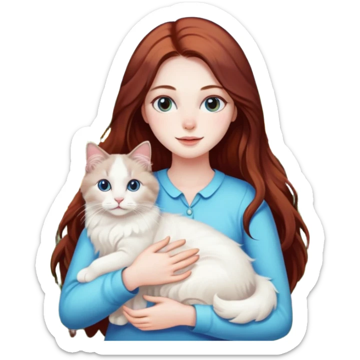 A woman with long dark auburn hair holding a white ragdoll cat in a field of flowers sticker