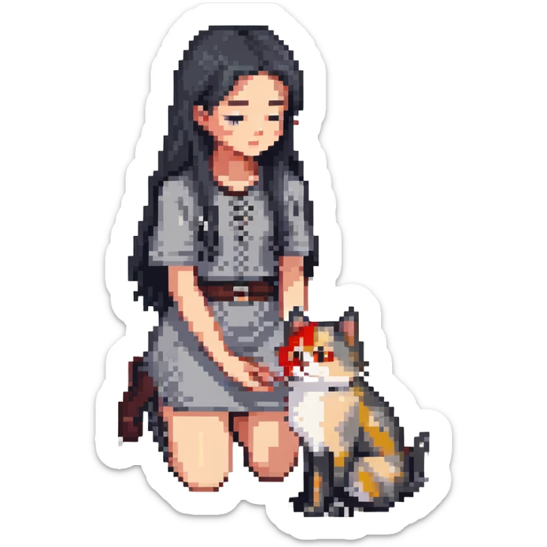 beautiful girl with long black hair kneeling petting a gray and blonde mixed cat looking up at her, pixel art style sticker