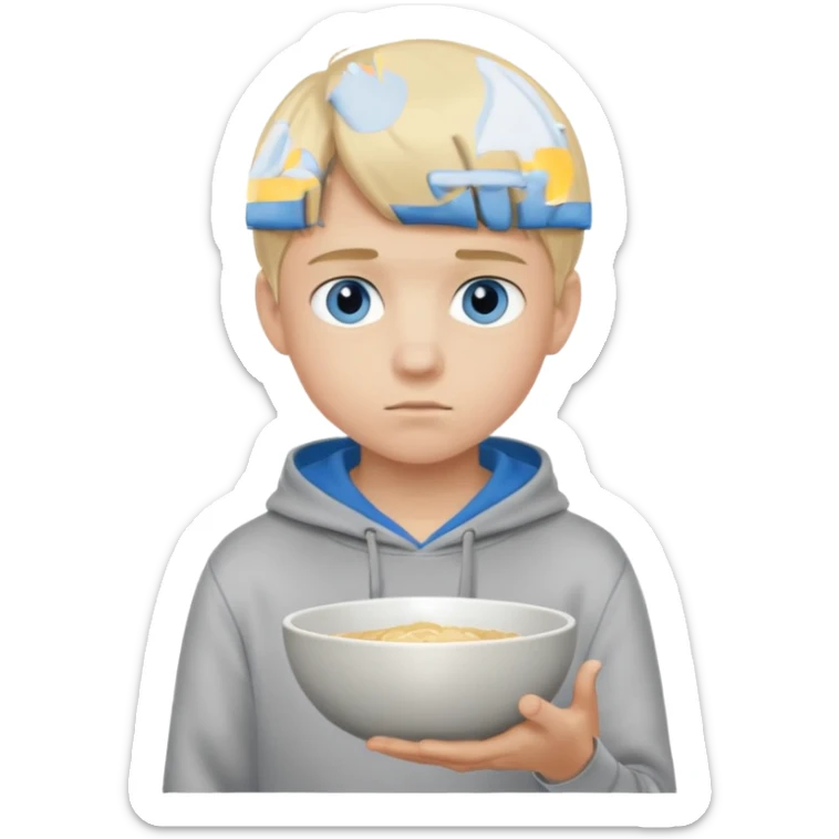 Teen boy with blue eyes and Grey hoodie standing up with blond short bowl cut sticker