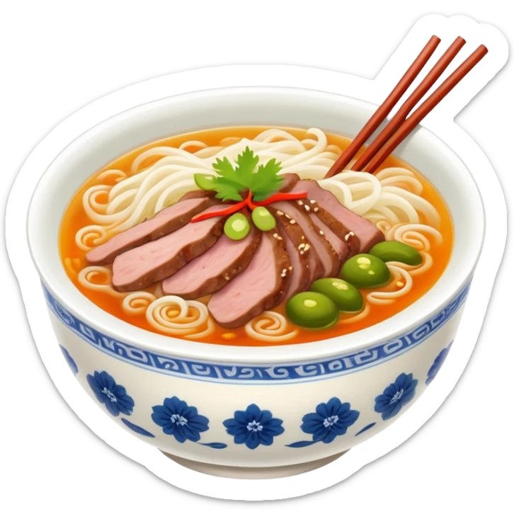 Guilin rice noodles with pickles and meat in soup, simplified emoji style with bold outlines and bright colors, cartoon style Guangxi specialty Mi Fen sticker
