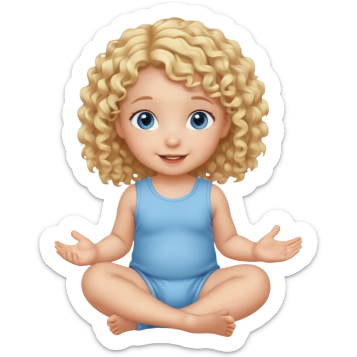 blonde curly hair blue eye baby girl sitting on the floor talking sticker