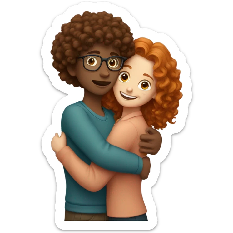 A boy with glasses and dark curly hair hugging a ginger girl sticker