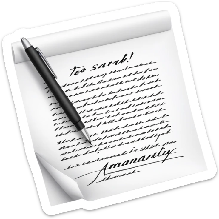 a paper letter with "TO SARAH" text written at the top of the letter, with a pen lying next to it sticker