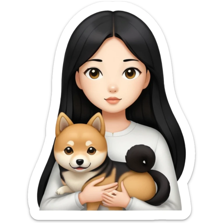 A girl with long black straight hair holding a black Shiba Inu sticker