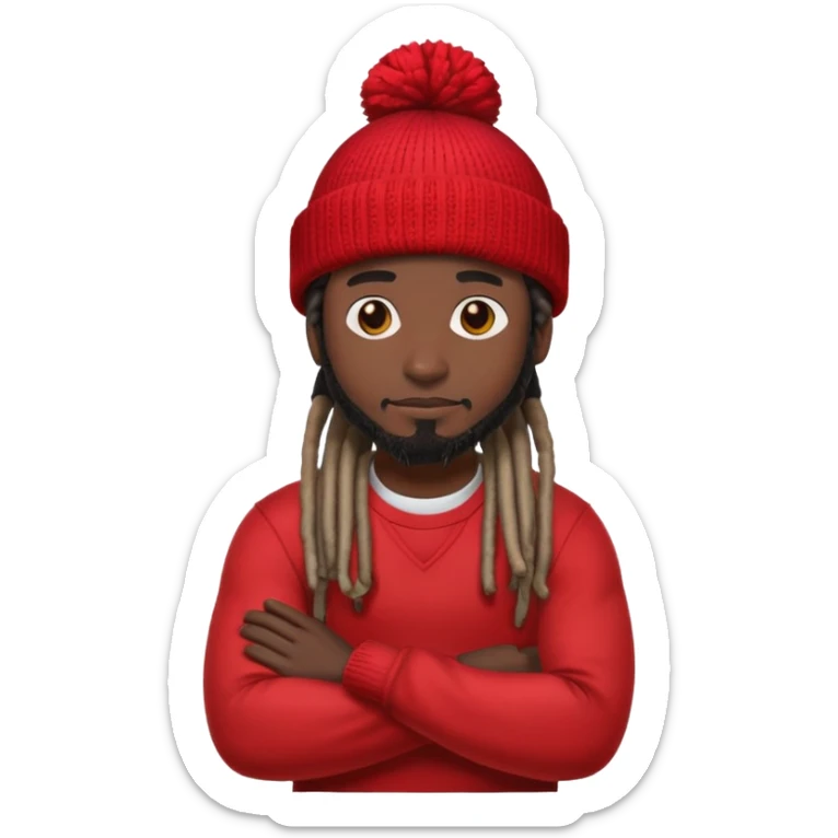 apple man crossing arms emoji but the guy is black instead of yellow and the guy has dreads with a beanie and the beanie is red with no brim sticker