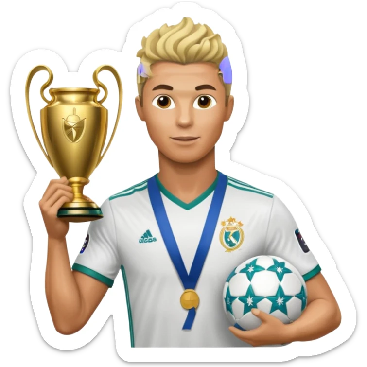 Cristiano Ronaldo holfing the champions league with noodle hair a bit longer noodle hair with a bit of blonde highlights and tge hair xoming down a bit just a bit of blonde not completely sticker