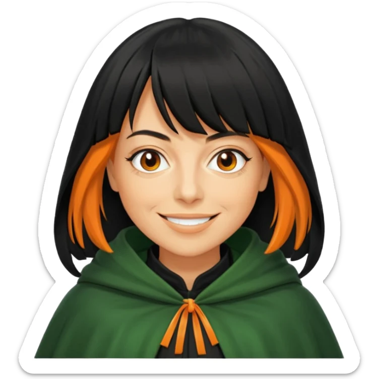 traitor tv show, person wearing green cloak who looks like claudia winkleman orange skin tone and thick black fringe sticker