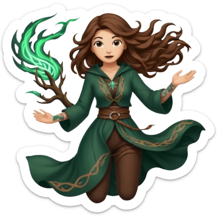 forest mage woman long wavy brown hair tattoos drawing symbol mid-air sticker