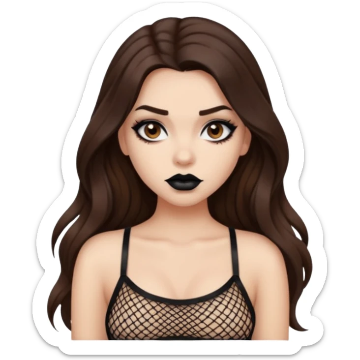 a pretty bratz fair girl with brown long hair styled well, looking like a baddie in a fishnet top and dark brown hair and black lipstick sticker