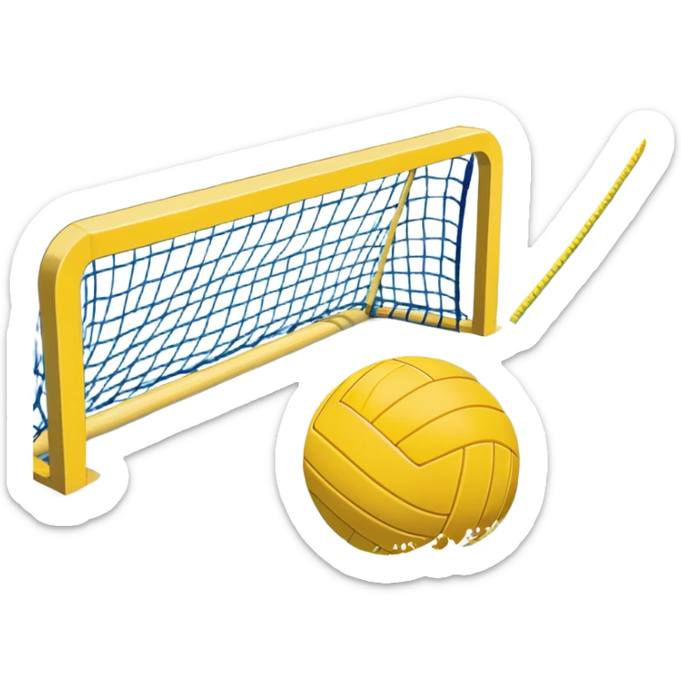 An icon featuring a yellow water polo ball floating on the water with goals in the background, inside a swimming pool. The design includes splashes and ripples, symbolizing the fast-paced action and strategy of water polo. Transparent background highlights. sticker