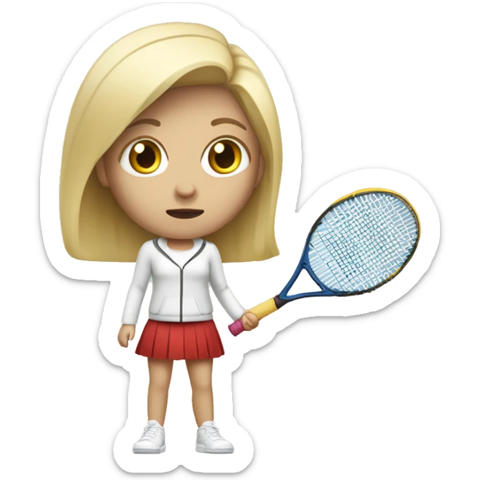 blond and white tall girl wearing normal clothes scared with tennis racket at hand defending herself sticker