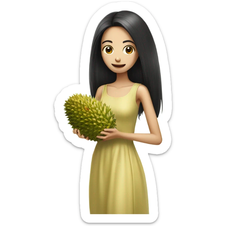 Beautiful skinny woman long black hair in dress holding durian sticker