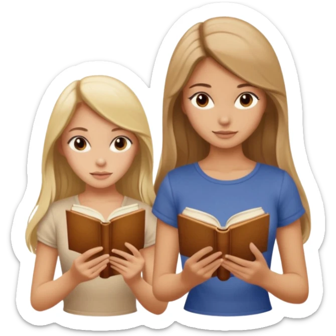 two beautiful girls in beige tops reading a beautiful vintage book. one is brown-haired, the other is blonde. both have long hair with sticker