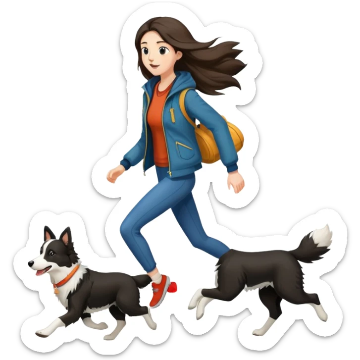 A beautiful tall girl with fair skin and long hair wearing a jacket and running with a Border Collie sticker