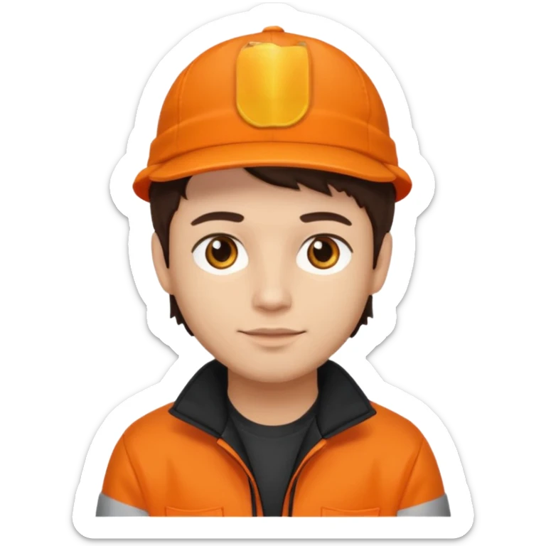 Kindly Keyin (male) with light skin, dark brown hair, orange cap and shirt, black jacket sticker