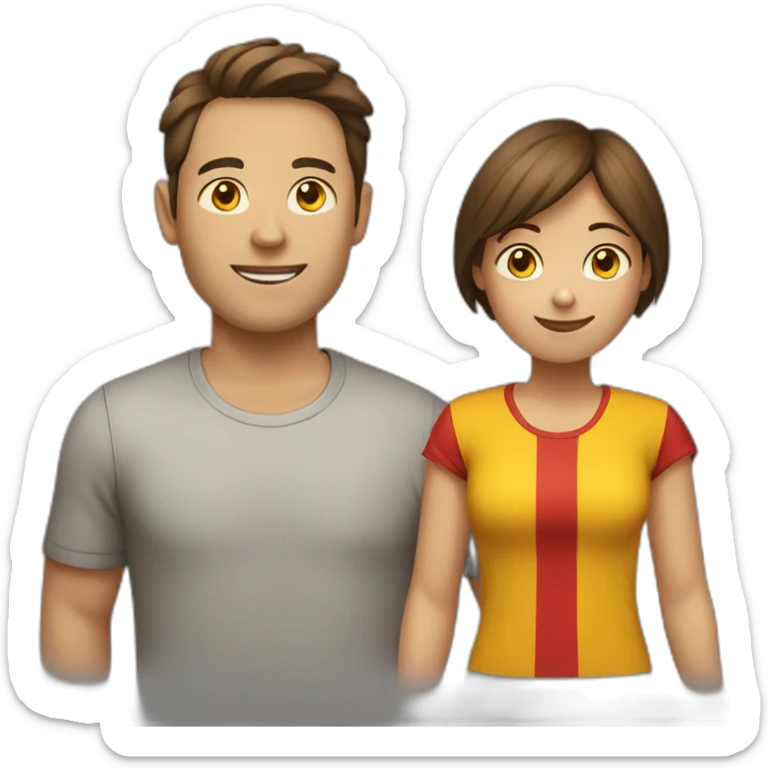 a boy with a woman with brown haira red-yellow t-shirt sticker