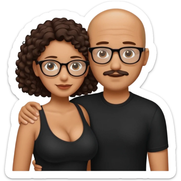 A picture of an embracing tanned couple. the man is a Mexican man with tanned skin, NO GLASSES, with a bald hair cut, short beard and wearing a black shirt. the woman is short with long curly dark brown hair and with big boobs. Put glasses on the woman.  sticker