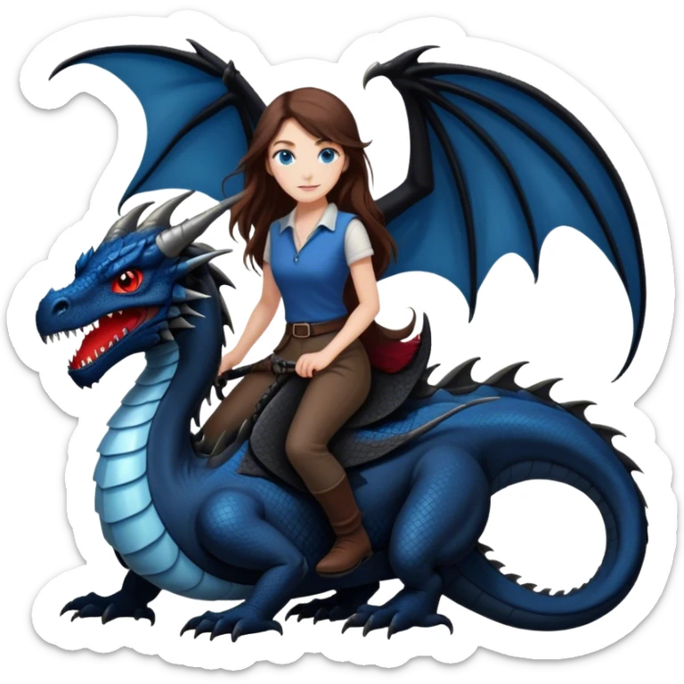 Me, a white female with long brown hair, and blue eyes, riding a very black wyvern dragon with hints of red, to your work sticker
