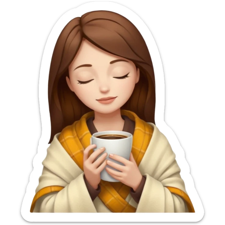brown hair woman closed eyes with cream blanket on her head, holding cup of coffee, autumn mood sticker