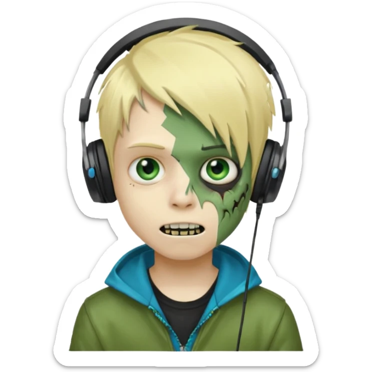 boy zombie whit blonde emo hair and eyes blue and GREEN SKIN and heandphones AND A MICROFONE and gold teeth sticker