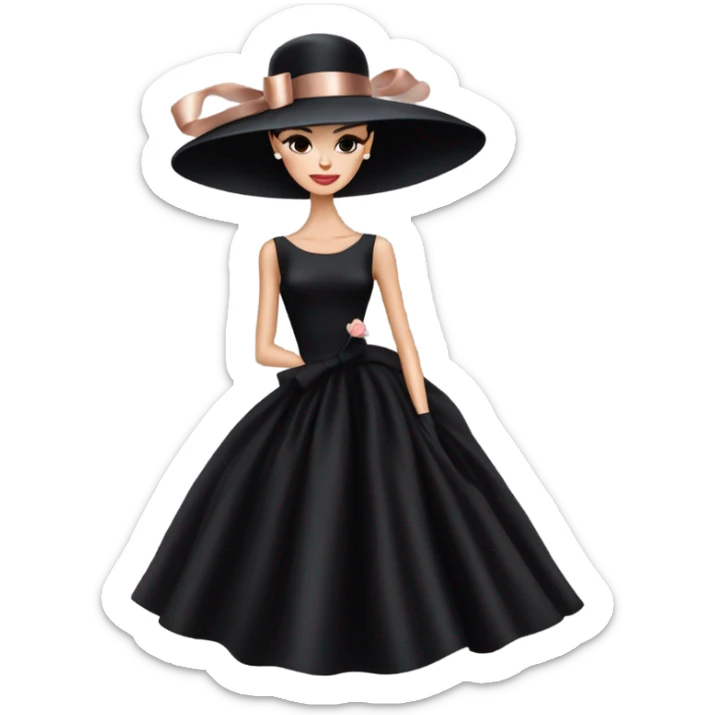 Audrey Hepburn wearing Big black hat with rose gold billowing ribbon tied in a bow and a long black midi dress with ruffled hem  sticker