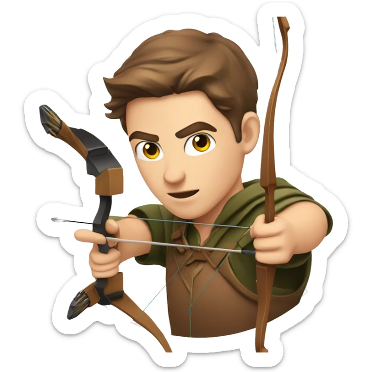 a male archer aiming with a bow looking at his target, brown hair, bright skin, sticker
